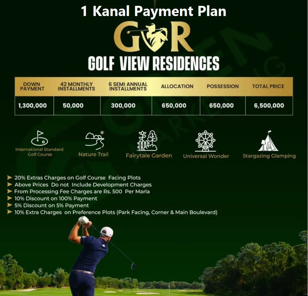 1 Kanal Payment Plan Golf View Residences Urban City Lahore