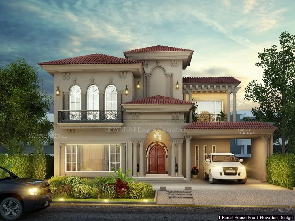 1 One Kanal House Spanish Front Elevation Design (2)