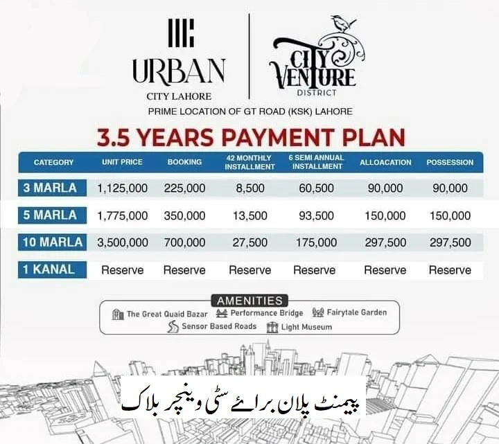 Payment Plan For City Venture Block of Urban City Lahore