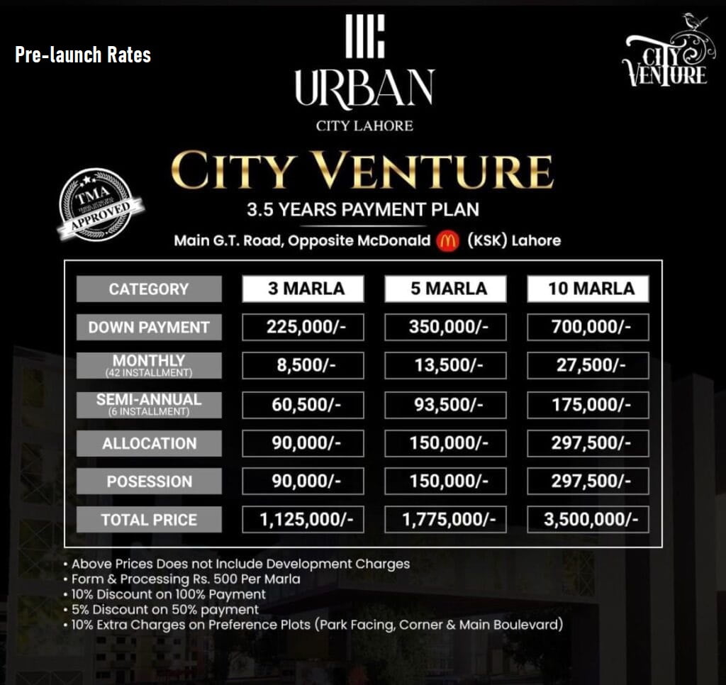 Urban City Lahore New Payment Plan For City Venture Block