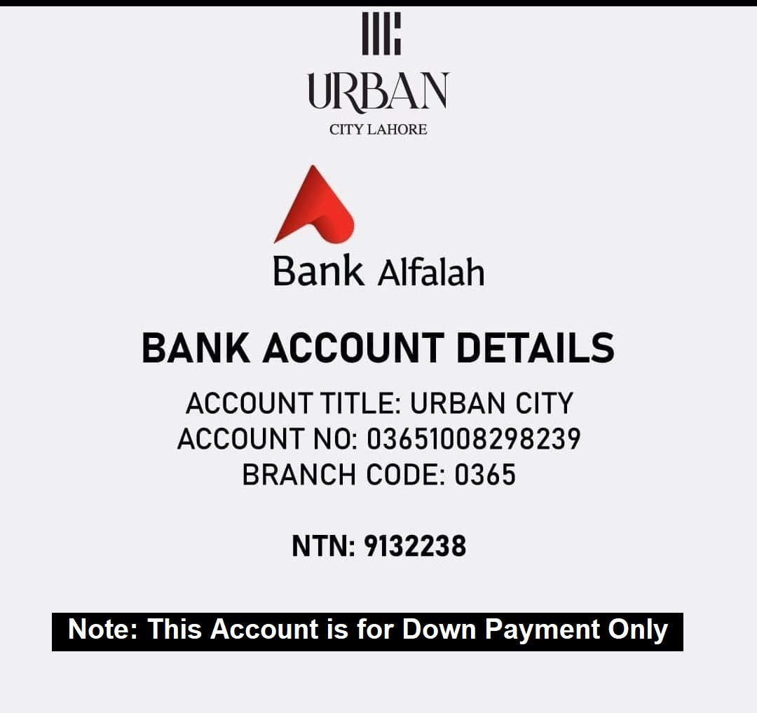 Urban City Lahore Bank Account Number for Down Payment